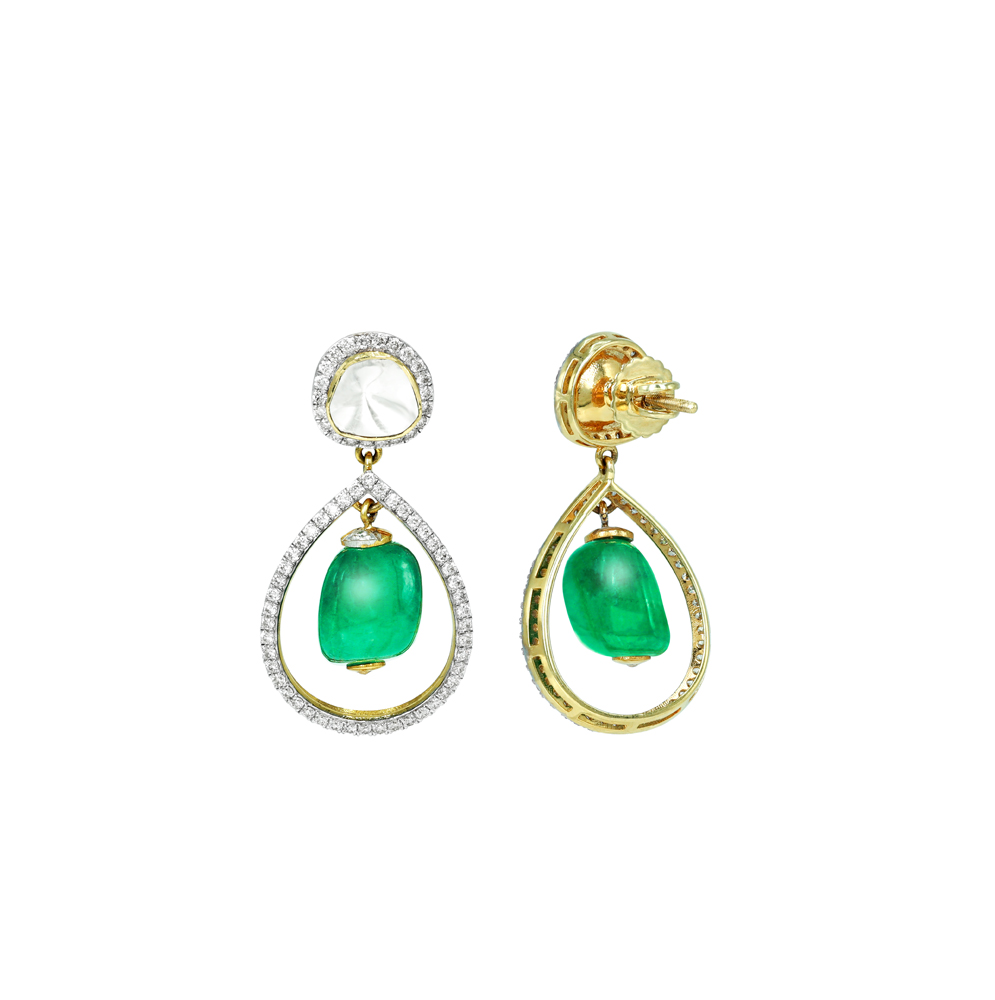 Polki Teardrop Earrings with Emerald Center and Diamond Halo